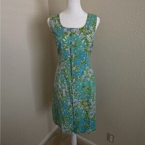 Vintage 1960s Daisy Green & Blue Floral Button-Front Summer Dress